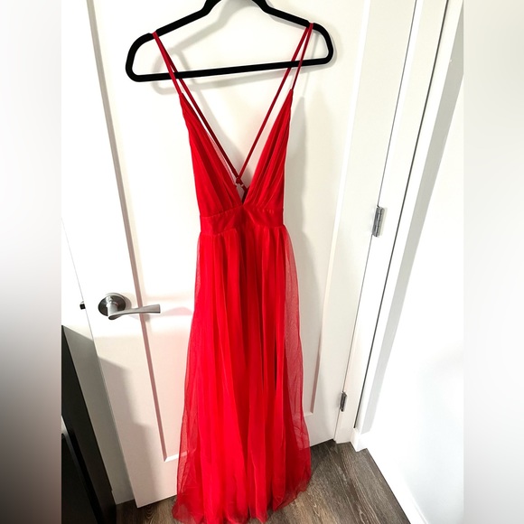 Luxxel Red Formal Dress- Deep V Neckline and Low Back - Picture 2 of 3